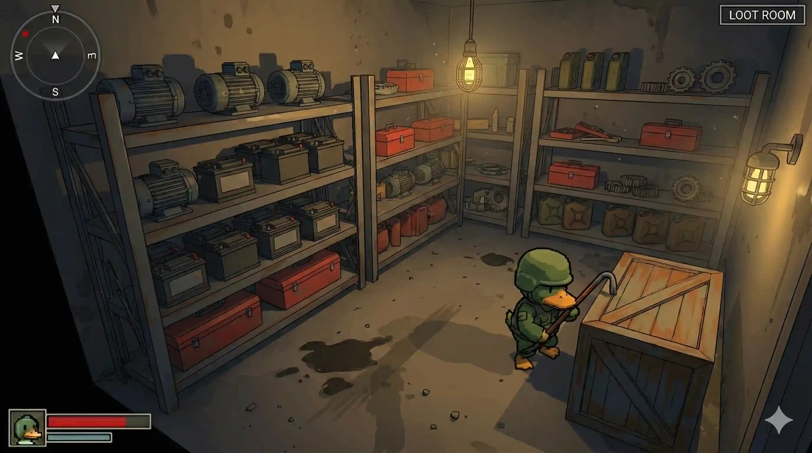 Interior loot room of the escape from duckov warehouse map featuring shelves stocked with industrial loot